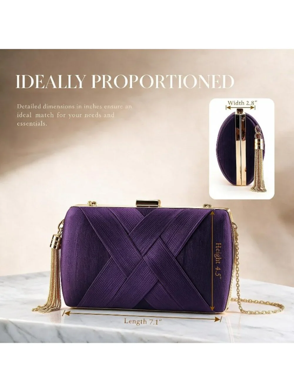 Women's Purple Silk Satin Clutch Purse Pearl Tassel With Chain Evening Bag